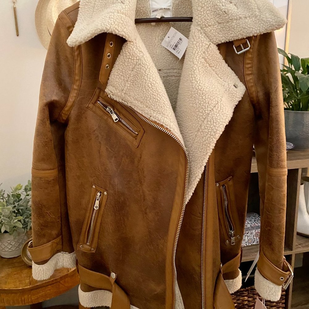 Avec Les Filles Oversized Shearling Moto Jacket 
